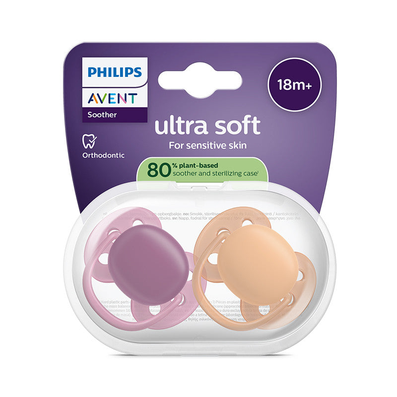 Philips Avent Ultra Soft Chupeta +18M Lilás e Laranja Para Pele Sensível Bebé - Farmácia Garcia