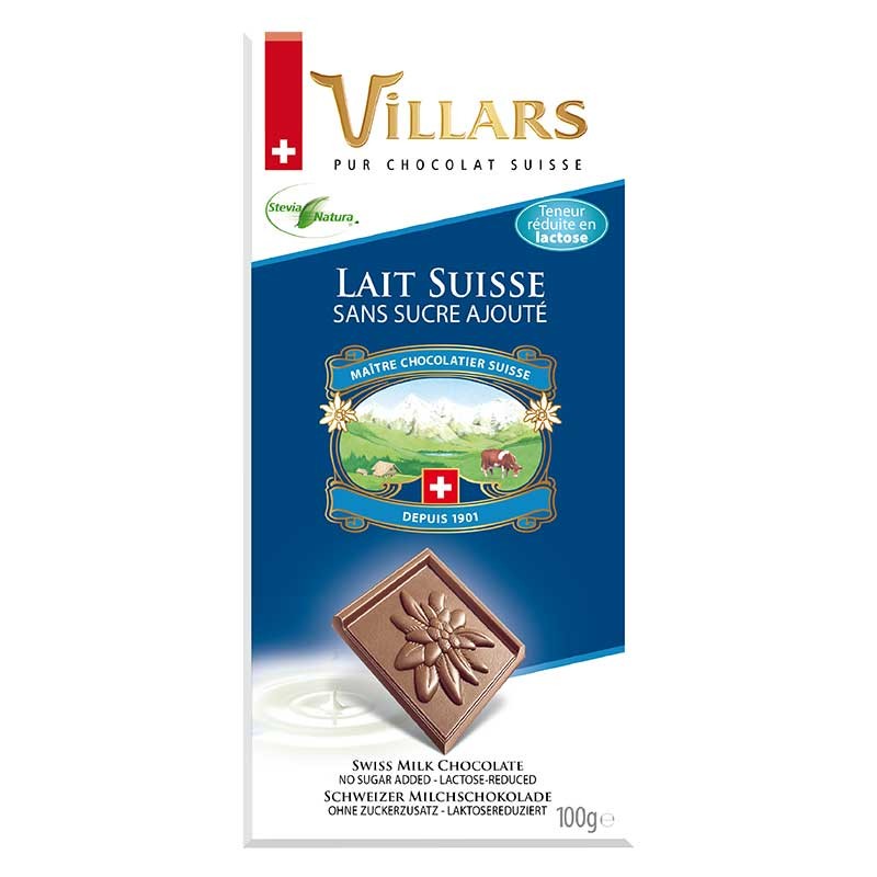 Villars Barra de Chocolate Suíço ao leite Zero Açúcar com 33% de Cacau 100g - Farmácia Garcia
