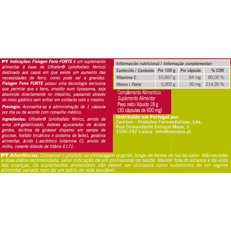 Fisiogen Ferro Forte 30 Cápsulas - Farmácia Garcia