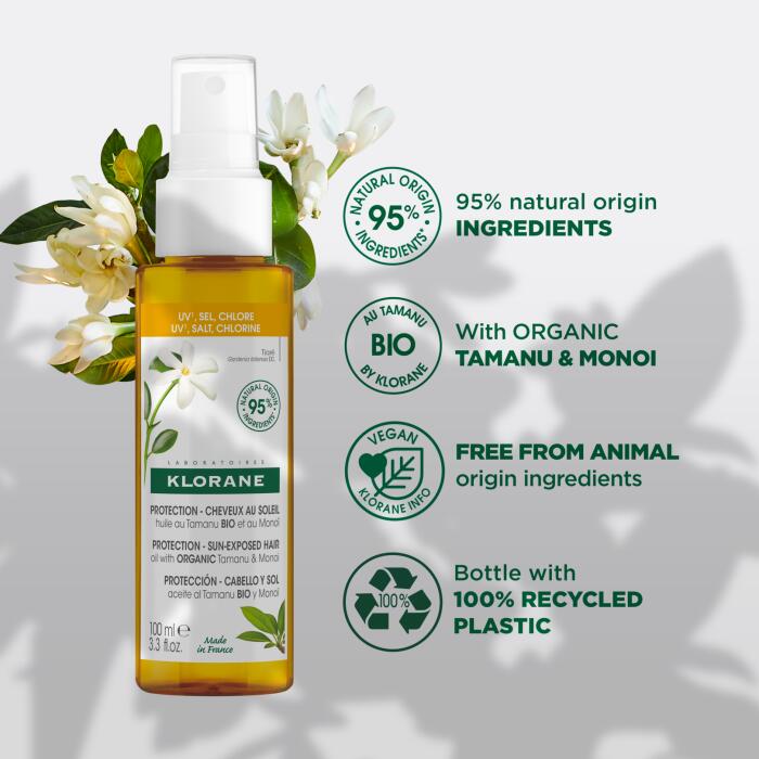 Klorane Óleo Capilar Proteção Solar com Tamanu Bio e Monoï 100ml - Farmácia Garcia