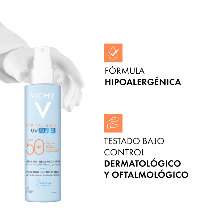 Vichy Capital Soleil UV Aqua Spray Hidratante Invisível SPF50 200ml - Farmácia Garcia
