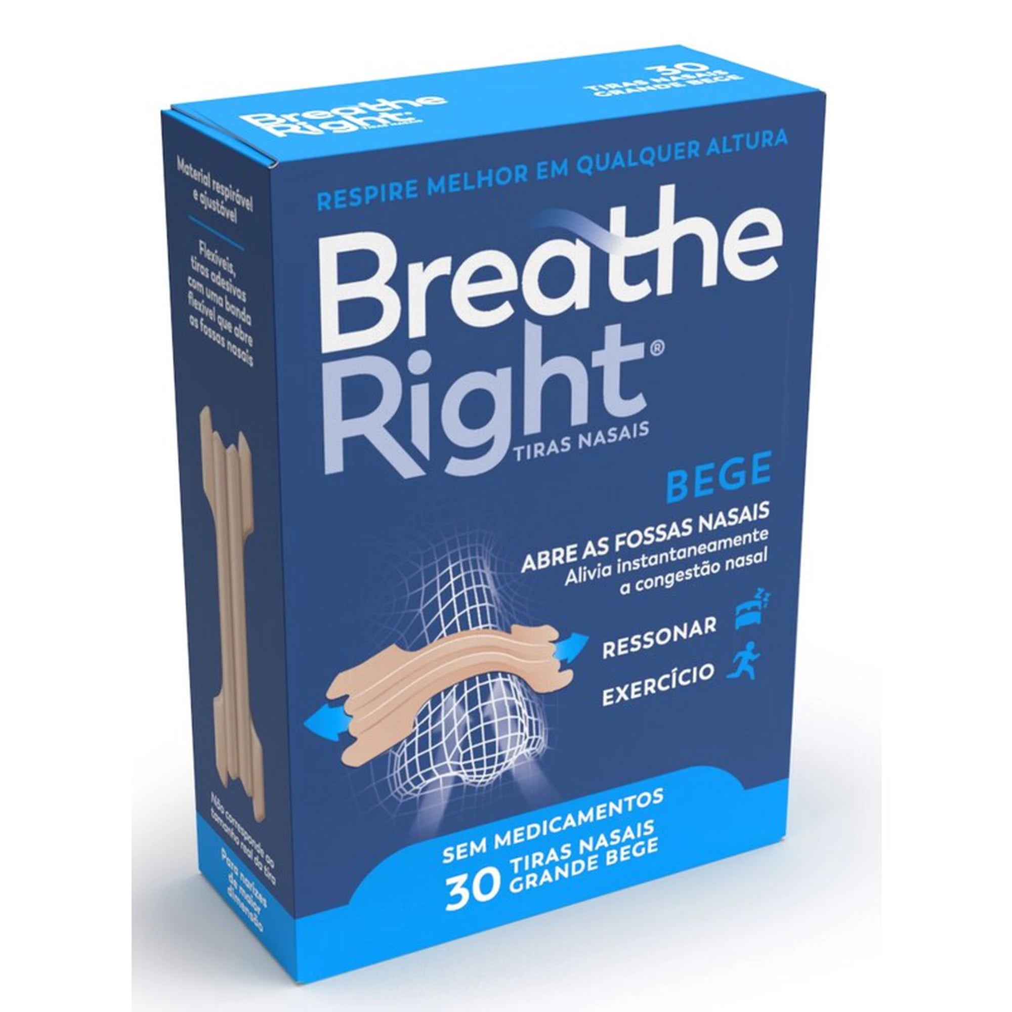 Breathe Right 30 Tiras Nasais Clássicas Tamanho Grande Bege