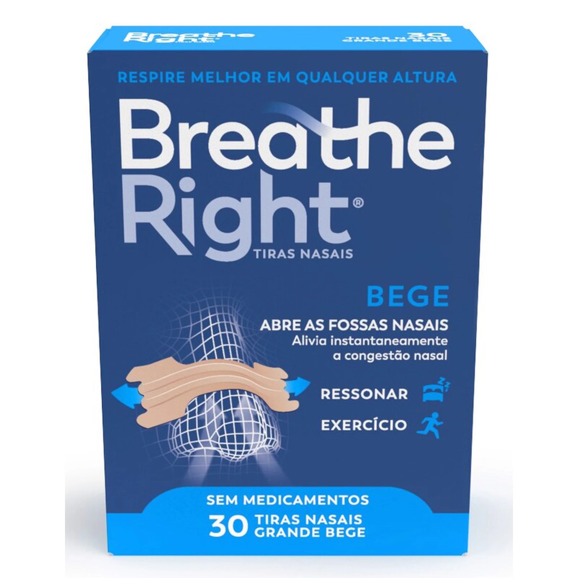 Breathe Right 30 Tiras Nasais Clássicas Tamanho Grande Bege