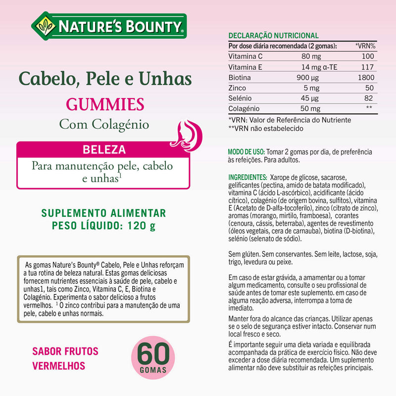 Nature's Bounty Cabelo Pele e Unhas 60 Gomas - Farmácia Garcia