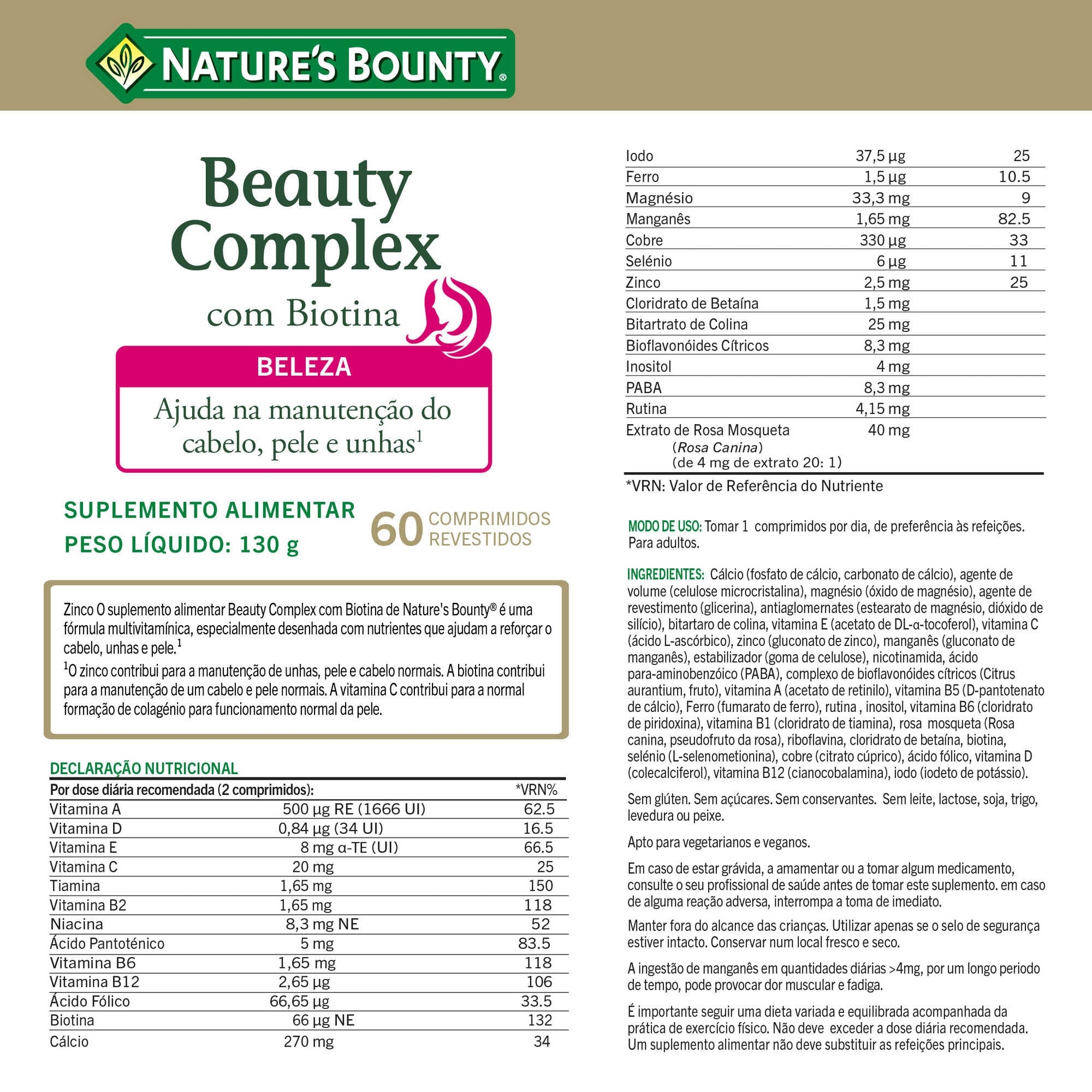 Nature's Bounty Beauty Complex com Biotina 60 comprimidos - Farmácia Garcia