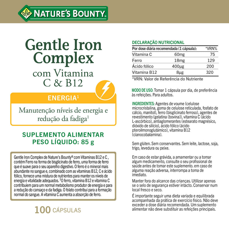 Nature's Bounty Ferro Gentle Complex com Vitamina C E B12 100 Cápsulas - Farmácia Garcia