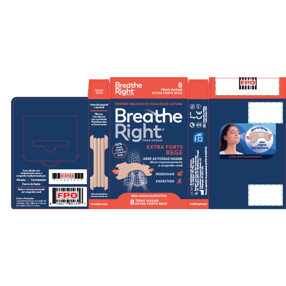 Breathe Right 8 Tiras Nasais Extra Forte Bege
