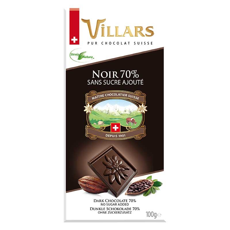 Villars Barra de Chocolate Negro Zero Açúcar com 70% de Cacau 100g - Farmácia Garcia