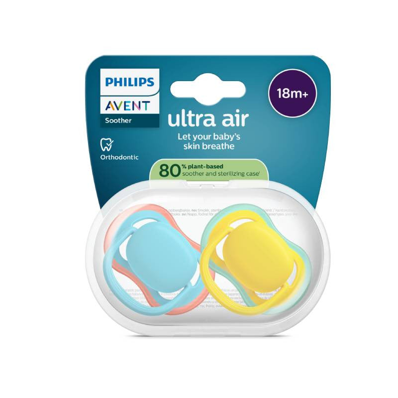 Philips Avent Ultra Air Chupeta Amarela e Azul 18M+ 2 Chupetas Silicone - Farmácia Garcia