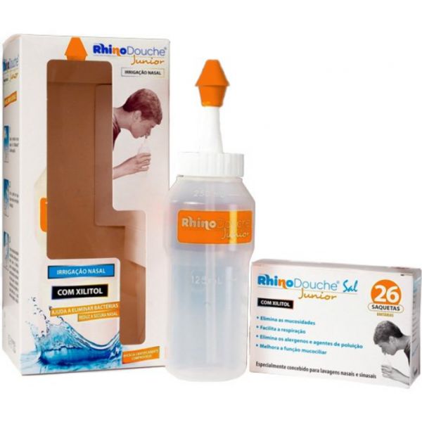 RhinoDouche Junior Sistema de Lavagem Nasal Garrafa + Sais de irrigação 26 Saquetas - Farmácia Garcia