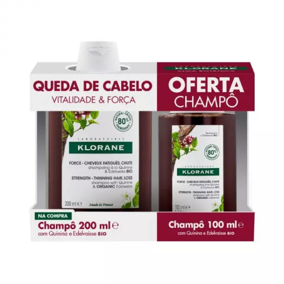 Klorane Capilar Champô Quinina Edelvaisse Bio 200ml + Oferta Champô 100ml - Farmácia Garcia