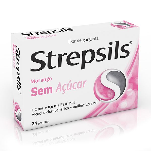 Strepsils Morango sem açúcar, 1,2/0,6 mg x 24 pst - Farmácia Garcia