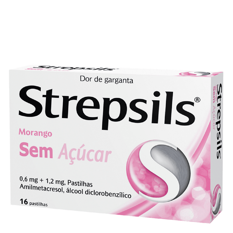 Strepsils Morango sem açúcar, 1,2/0,6 mg x 16 pst - Farmácia Garcia